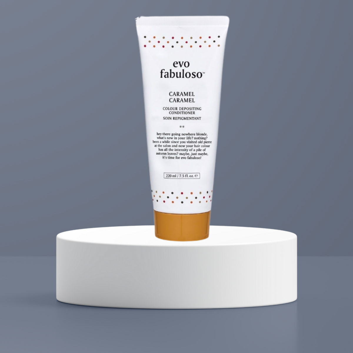 A white squeeze tube of evo fabuloso Caramel Caramel Conditioner with a gold cap.