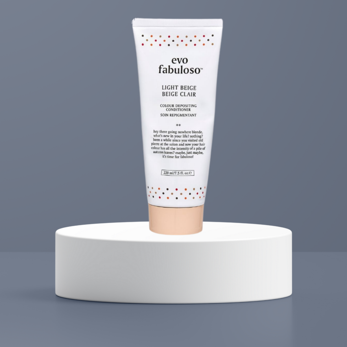 A tube of evo fabuloso Light Beige Clair color-indicating conditioner.