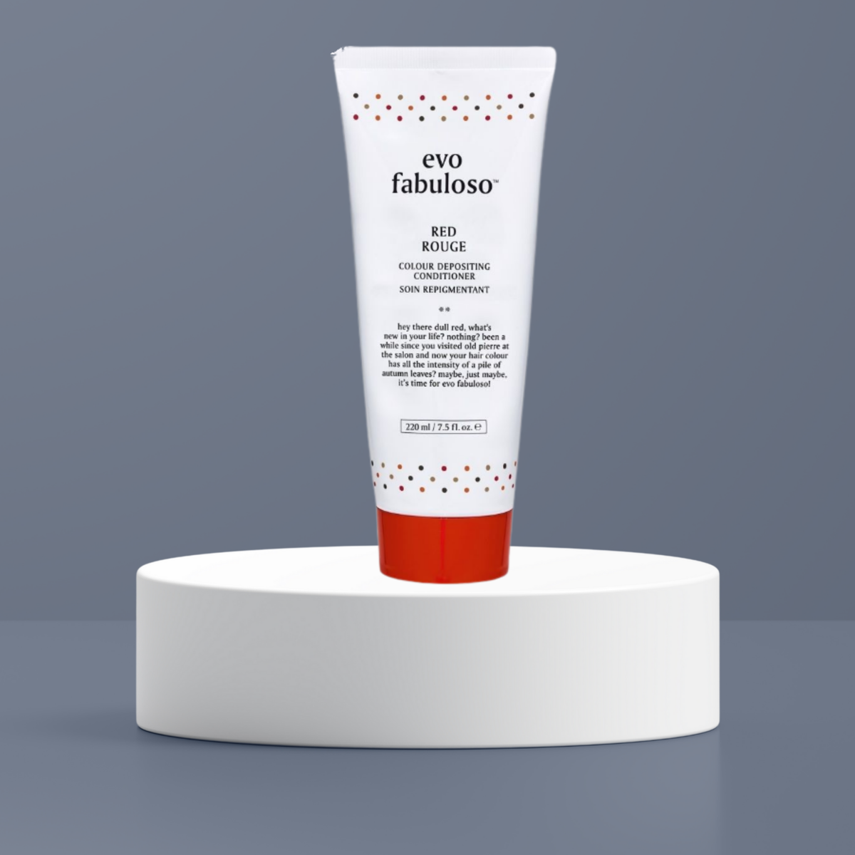 A white squeeze tube of evo fabuloso Red Rouge Conditioner.