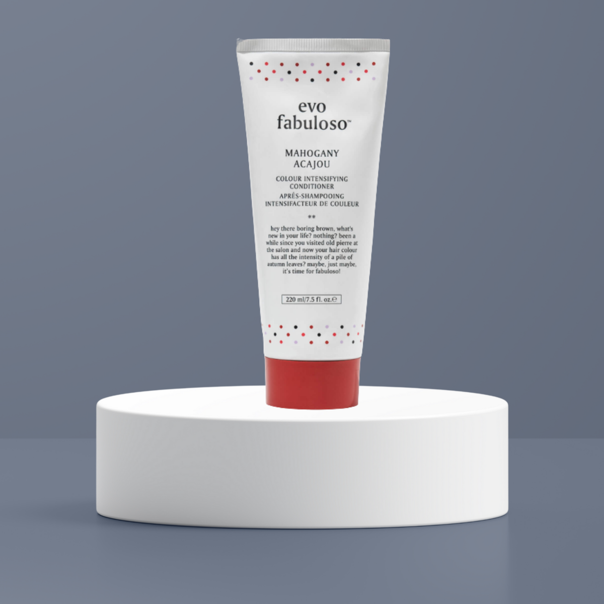 A tube of Evo Fabuloso Mahogany Acaiou colour intensifying conditioner.